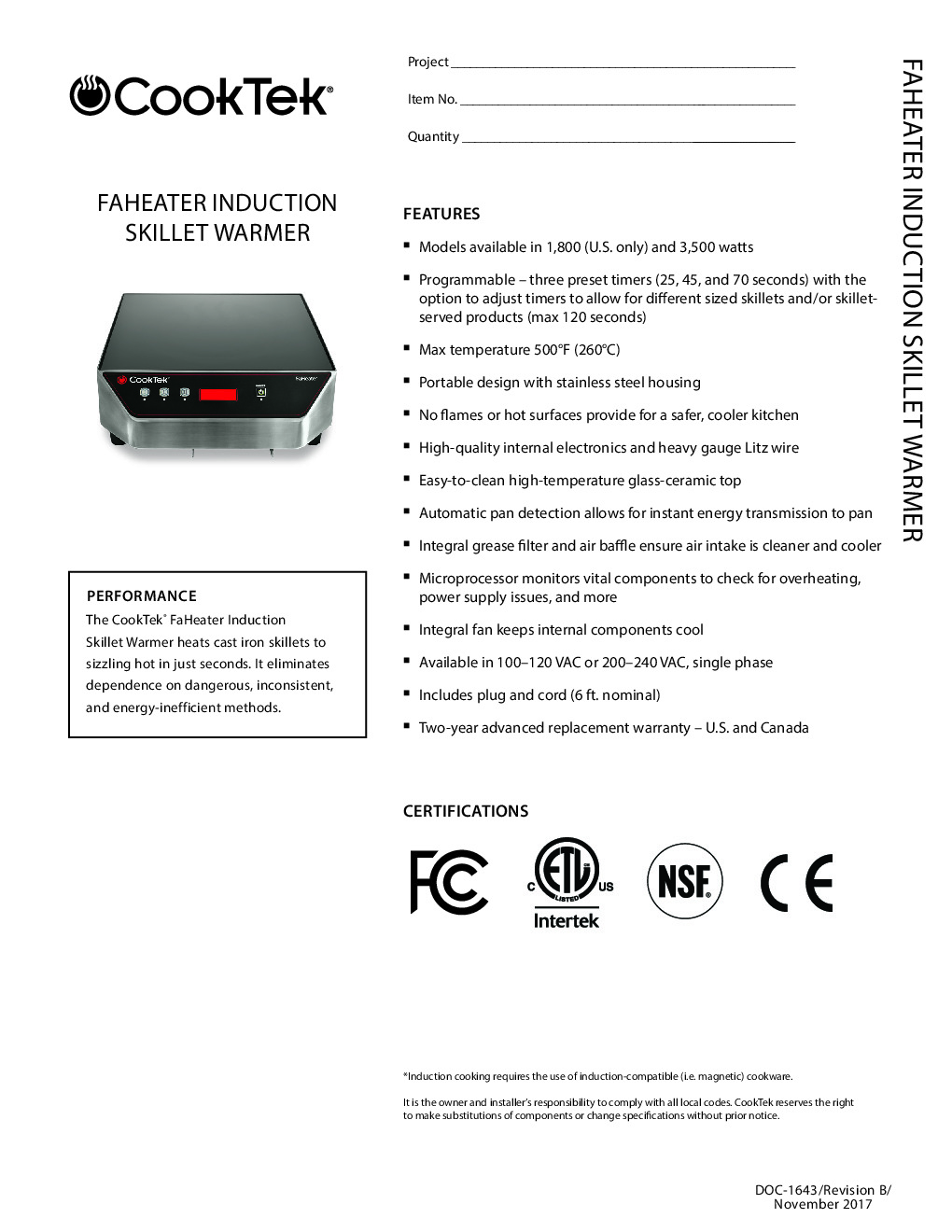 CookTek 605101 Countertop Induction Range
