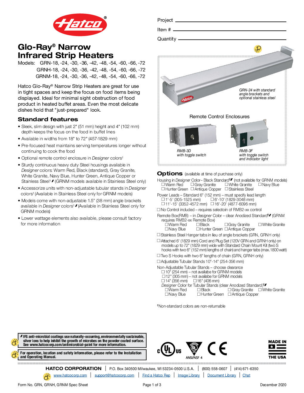 Hatco GRN/H-60 Glo-Ray Narrow Infrared Strip Heaters
