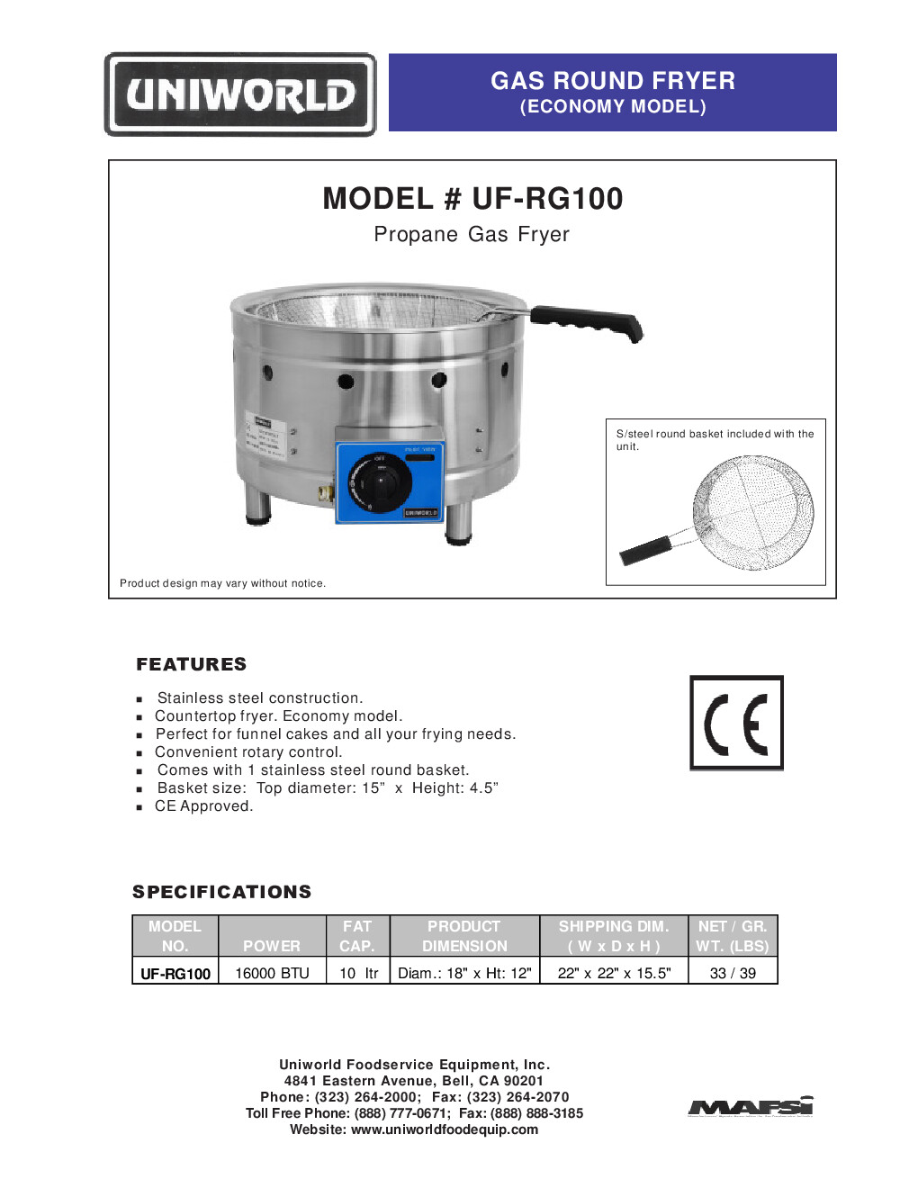 Uniworld UF-RG100 Full Pot Countertop Gas Fryer