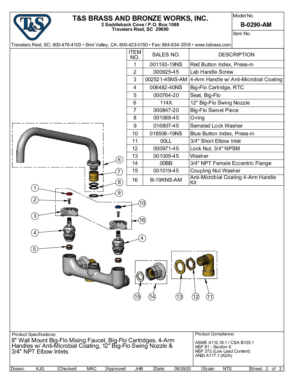 T&S Brass B-0290-AM Wall / Splash Mount Faucet
