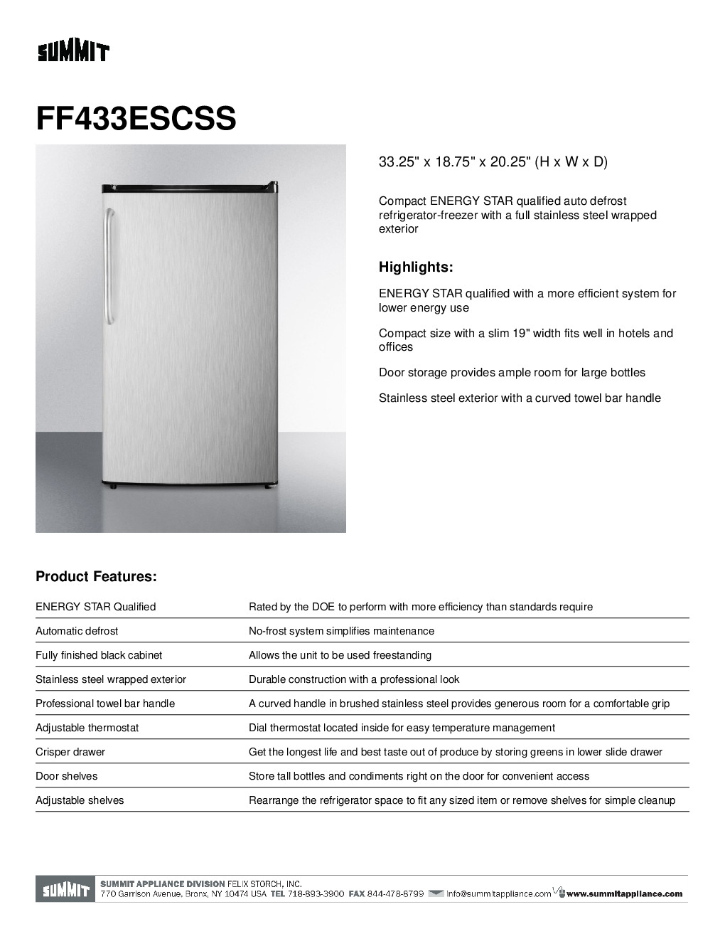 Summit FF433ESCSS One Section Reach-In Refrigerator Freezer, 3.6 cu. ft.