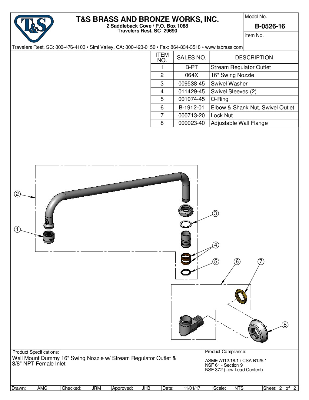 T&S Brass B-0526-16 Spout / Nozzle Faucet