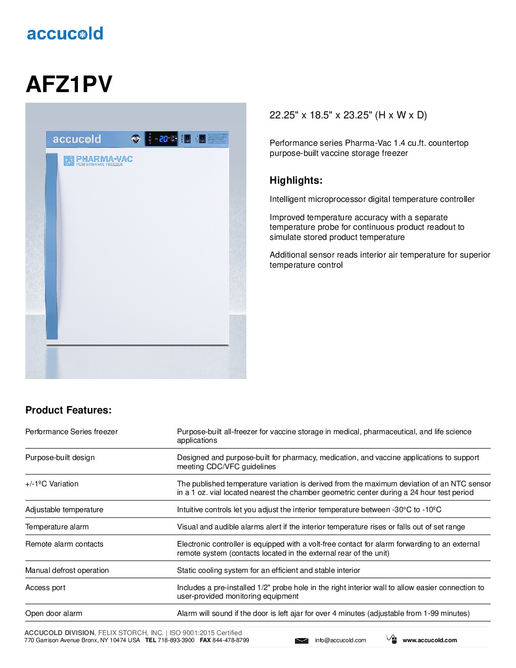 Accucold AFZ1PV Medical Freezer
