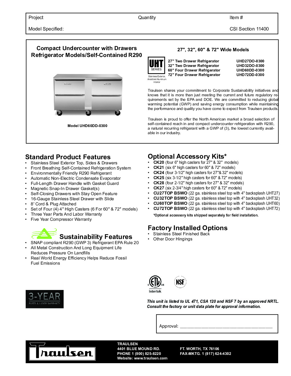 Traulsen UHD72DD-0300-SB Reach-In Undercounter Refrigerator