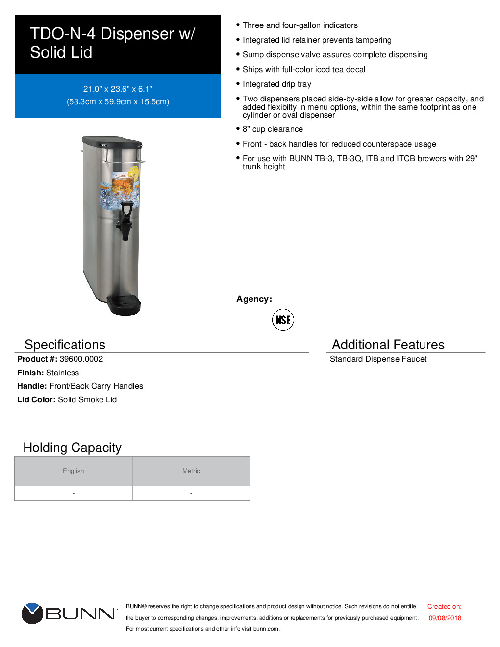 TDO-N-3.5 Dispenser w/Solid Lid - Serving & Holding - BUNN Commercial Site