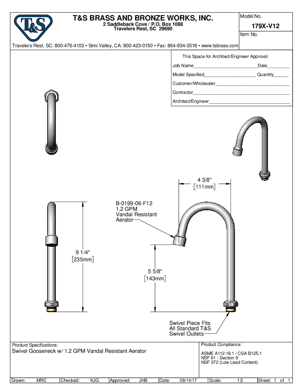 T&S Brass 179X-V12 Spout / Nozzle Faucet