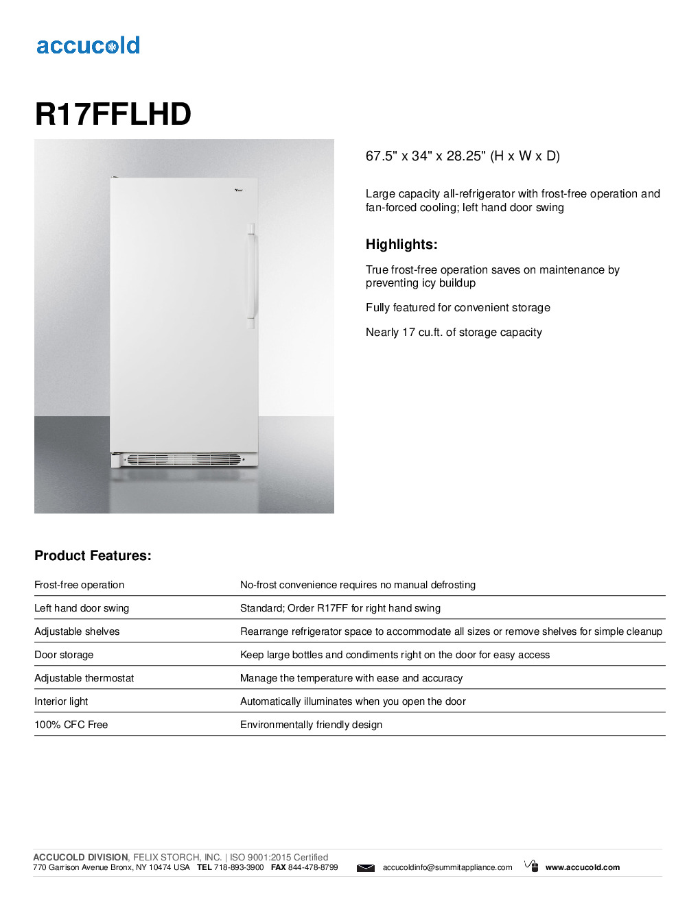 Summit R17FFLHD Reach-In Refrigerator