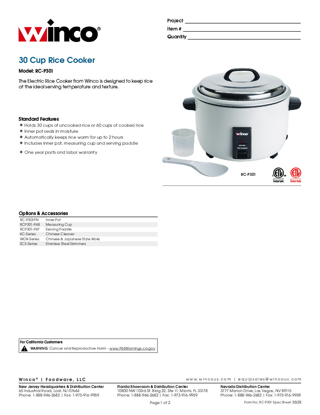 Winco RC-301 Rice / Grain Cooker
