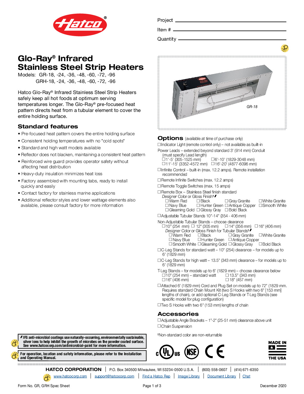 Hatco GR/H-72 Glo-Ray Infrared Stainless Steel Strip Heaters