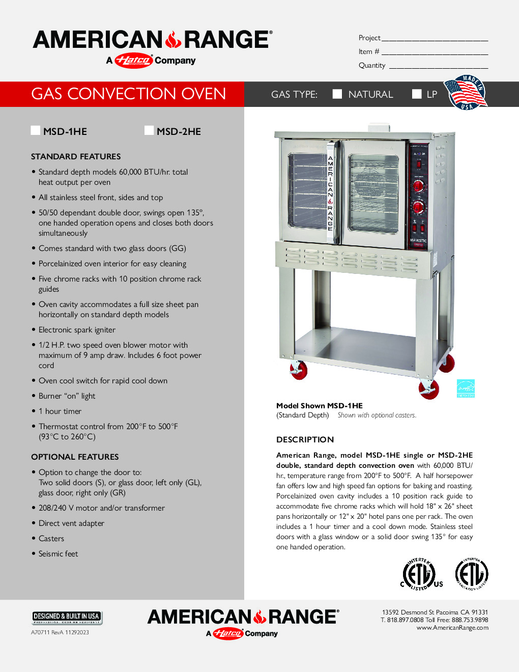 American Range MSD-2HE Gas Convection Oven