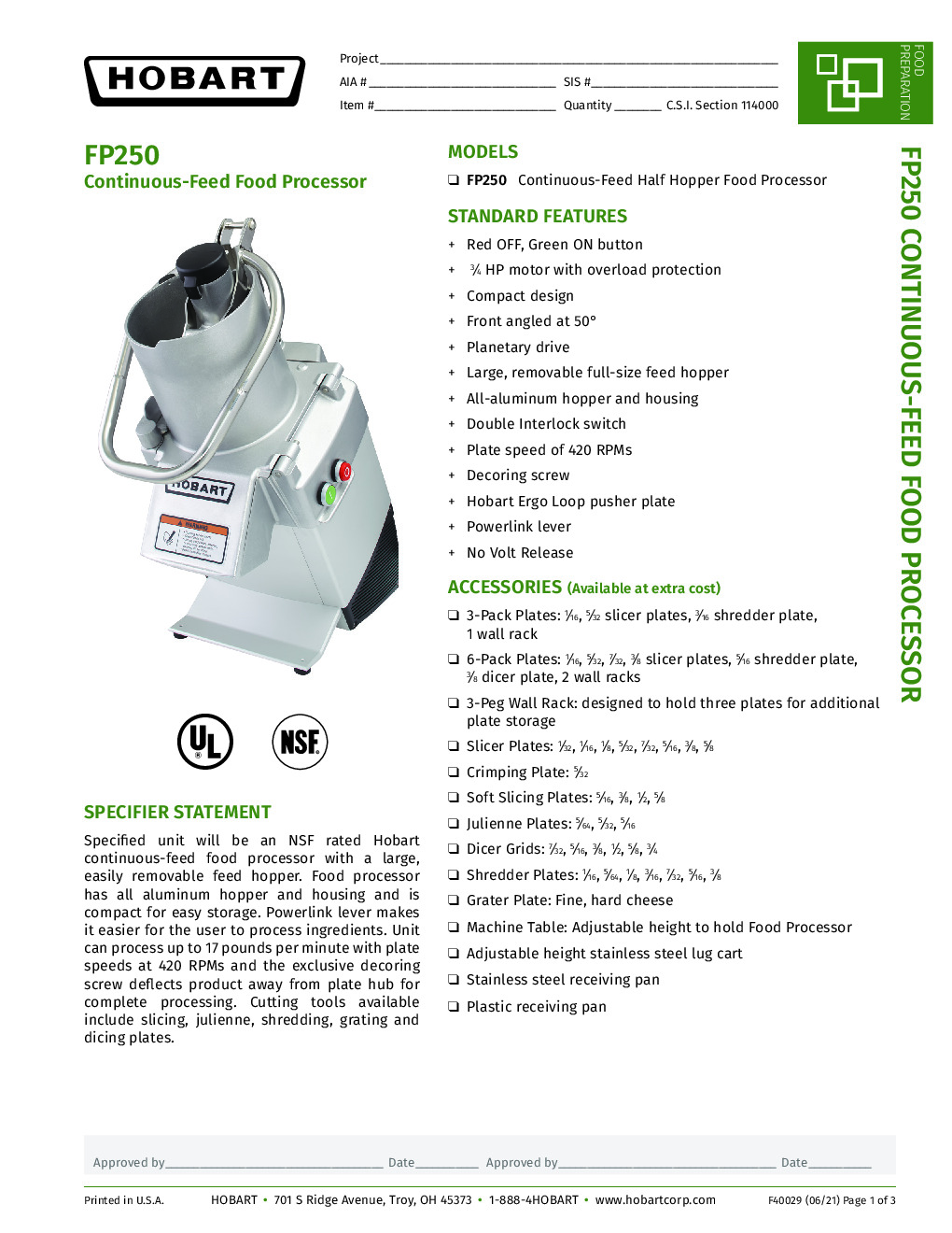 Hobart FP250-1 Benchtop Continuous Feed Food Processor, Unit Only, Full Size Hopper, 17 Ib Per Minute, 3/4 hp,120v/60/1-ph