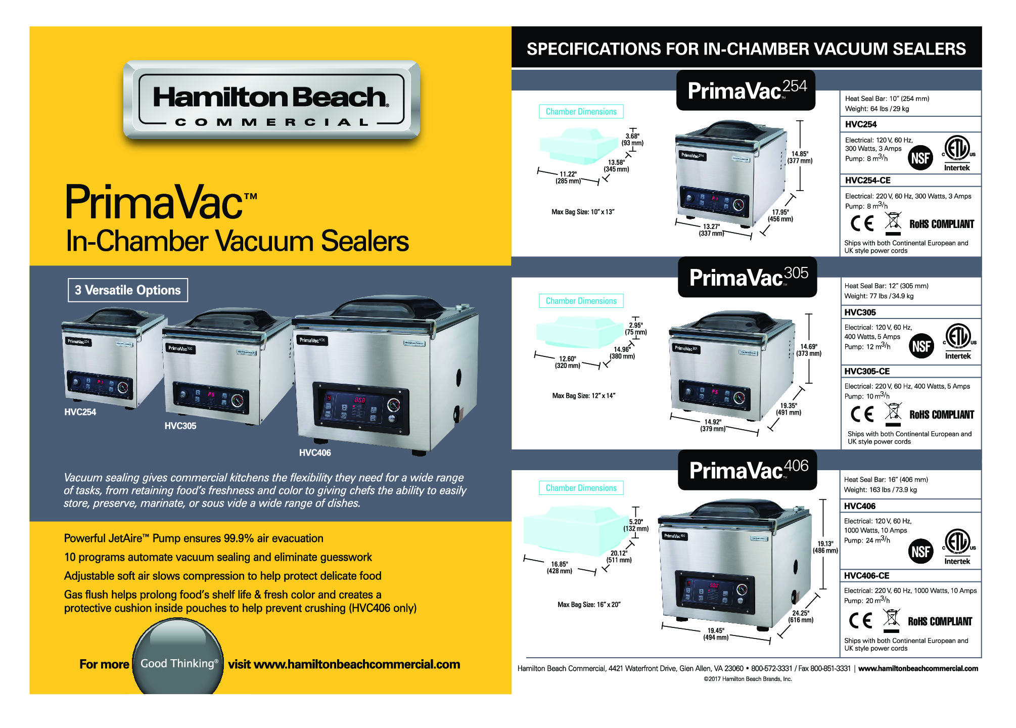 Hamilton Beach HVC254-CE PrimaVac Countertop Chamber Vacuum Packaging Machine with 10