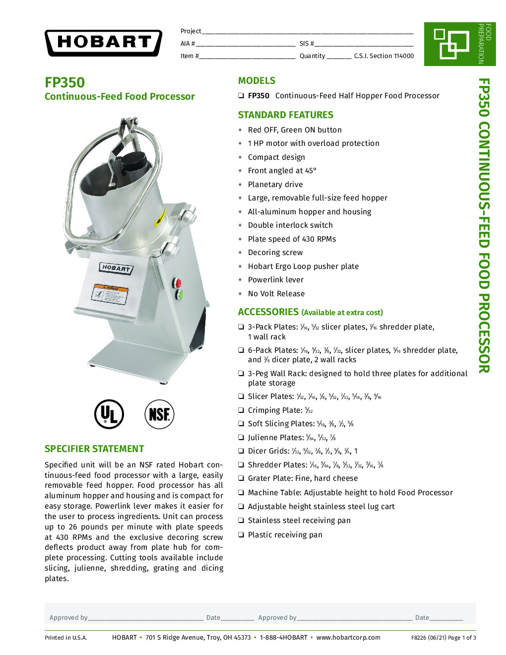 Hobart FP350-1 Benchtop Continuous Feed Food Processor, Unit Only, Full Size Hopper, 26 Ib Per Minute, 1 hp 120v/60/1-ph