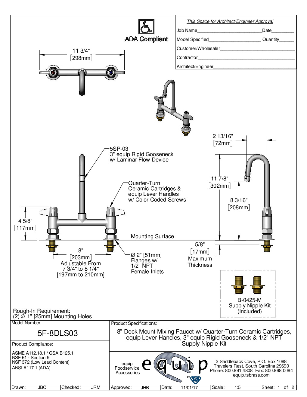 T&S Brass 5F-8DLS03 Deck Mount Faucet