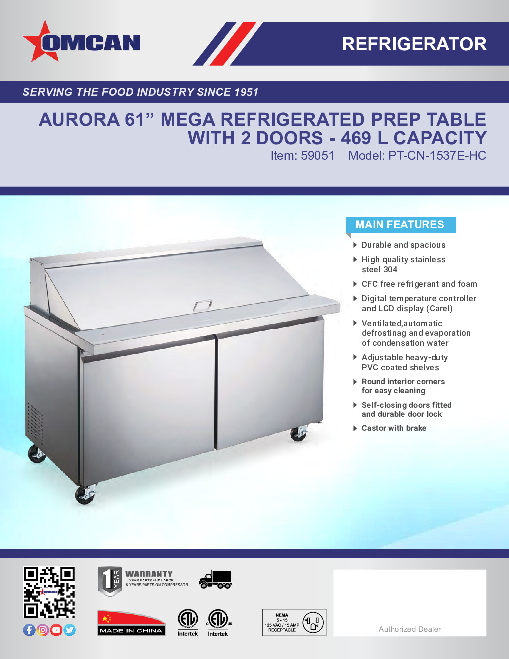 Omcan USA 59051 2-Section Mega Top Refrigerated Prep Table w/ 2 Doors, 16.6 Cu Ft, 24 Pans