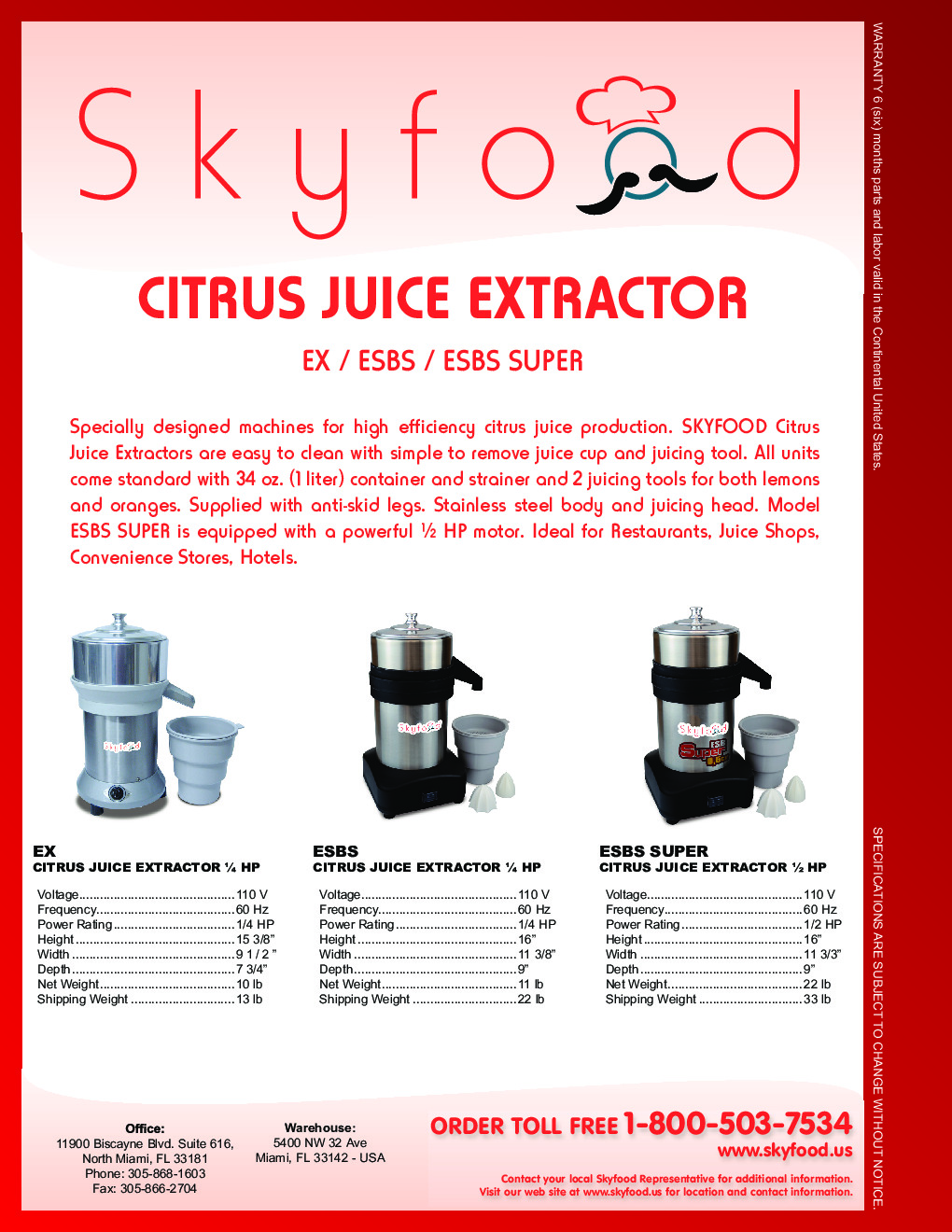 Skyfood Citrus Juice Extractor ESBS, 1/4 HP, 34 oz
