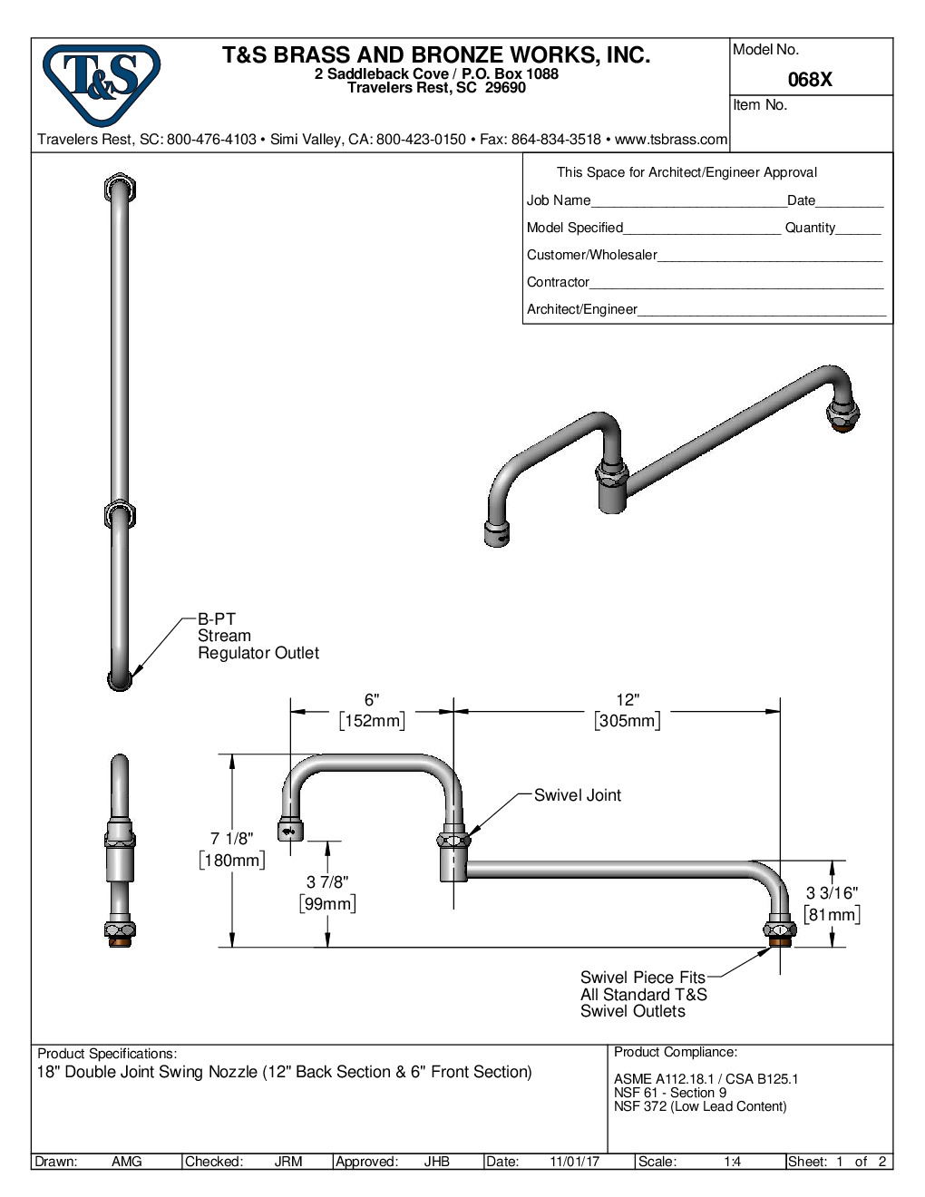 T&S Brass 068X Spout / Nozzle Faucet