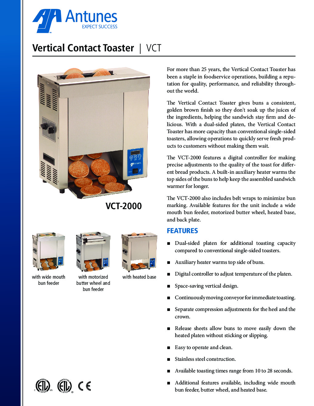 Antunes VCT-2000-9210300 Countertop Conveyor Type Vertical Contact Toaster