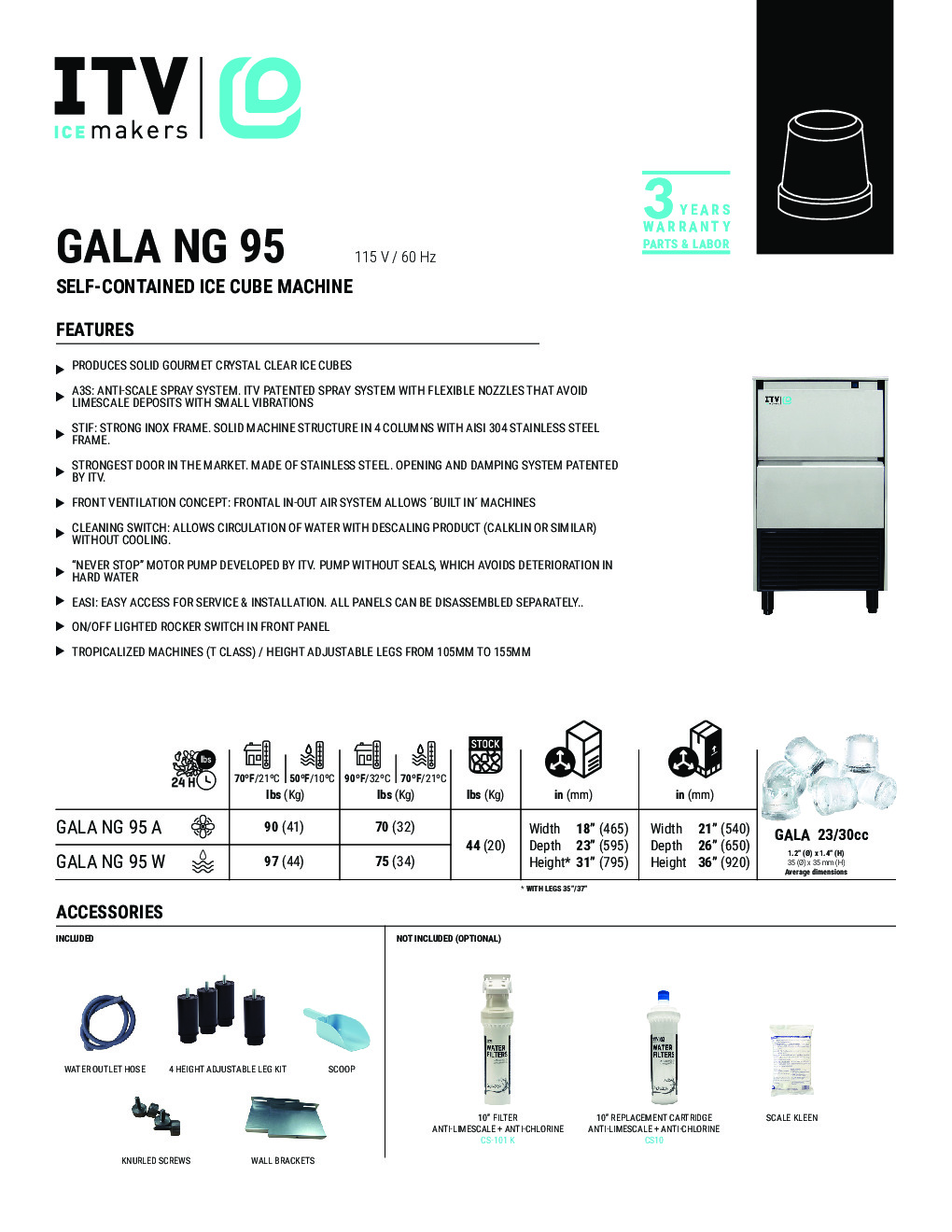 ITV GALA NG 95 Ice Maker with Bin, 37 lbs, Thimble Cubes, 90 lbs/Day