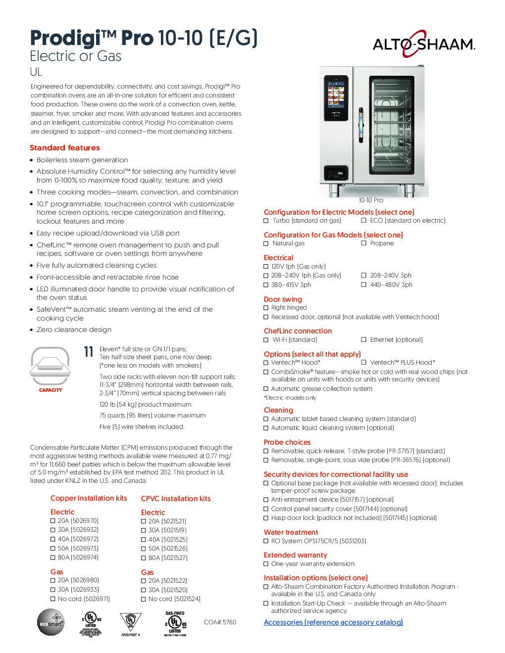 Alto-Shaam 10-10G PRO Gas Combi Oven, 11 Full Size Pan Capacity, Wifi Enabled Control