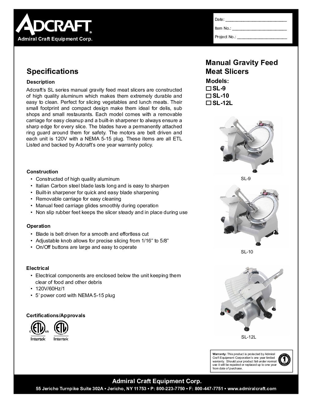 Adcraft SL-10 Manual Gravity Feed Meat Slicer w/ 10