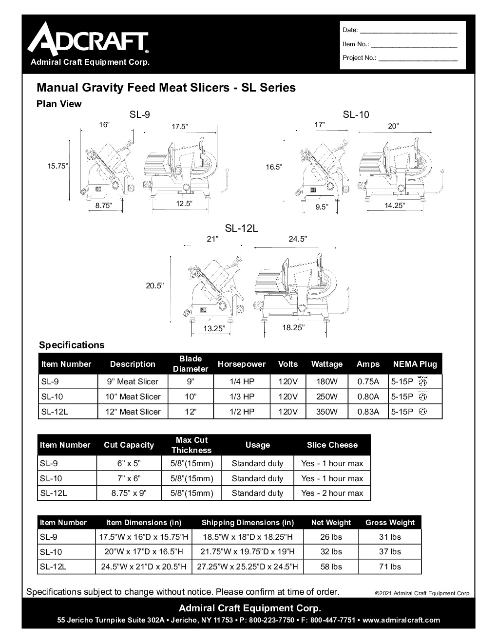 Adcraft SL-10 Manual Gravity Feed Meat Slicer w/ 10