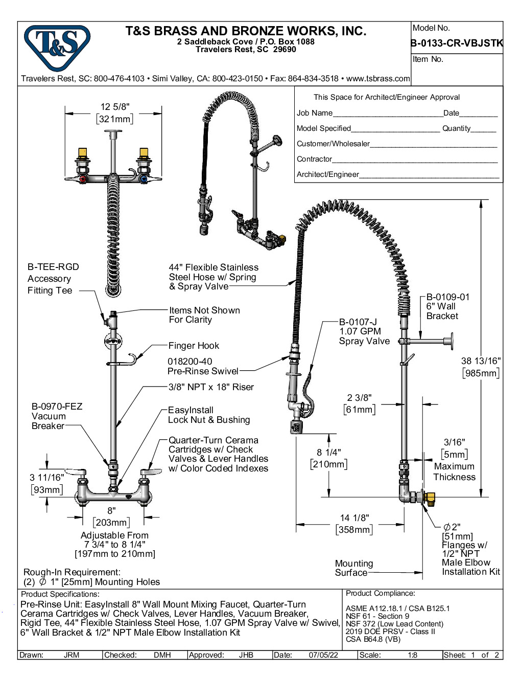 T&S Brass B-0133-CR-VBJSTK Pre-Rinse Faucet Assembly