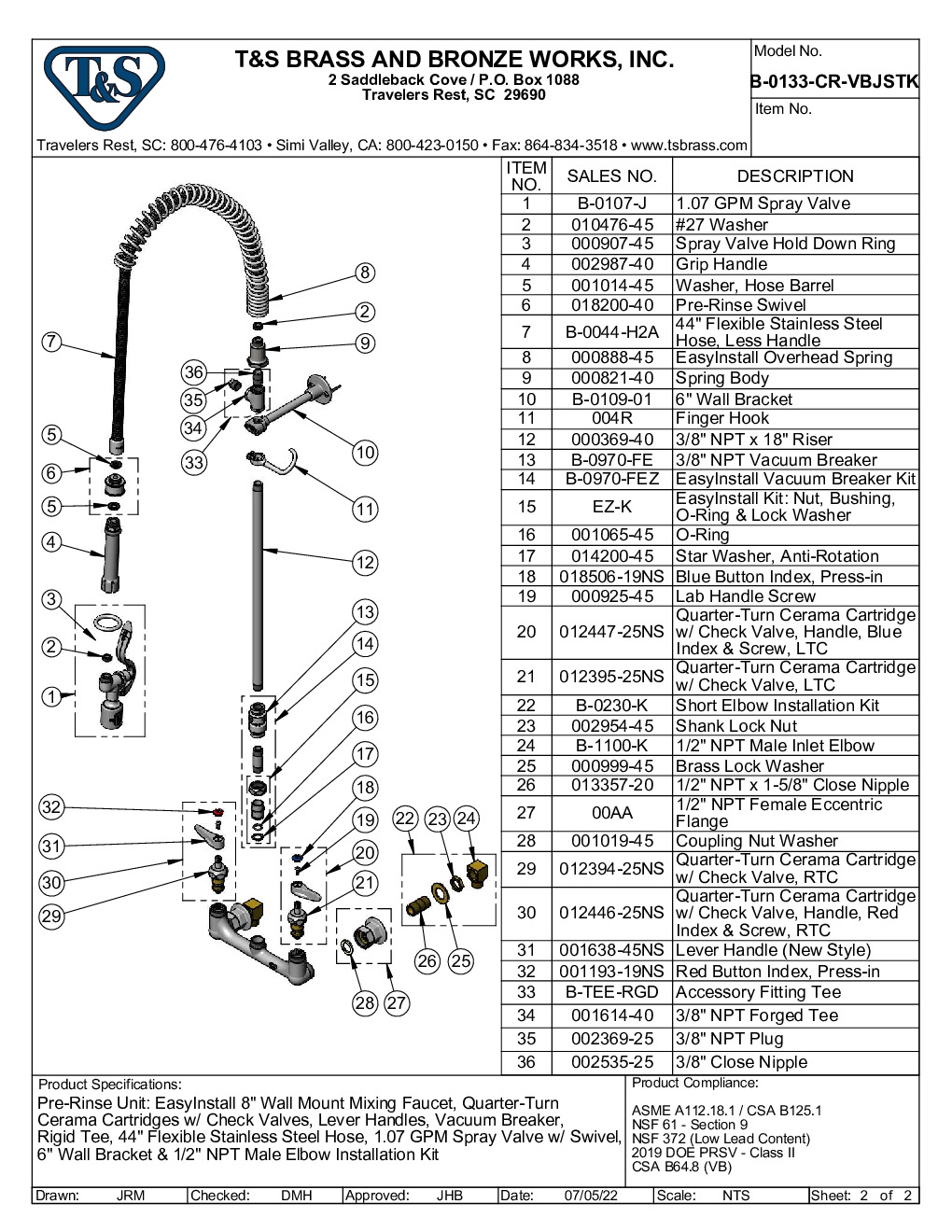 T&S Brass B-0133-CR-VBJSTK Pre-Rinse Faucet Assembly