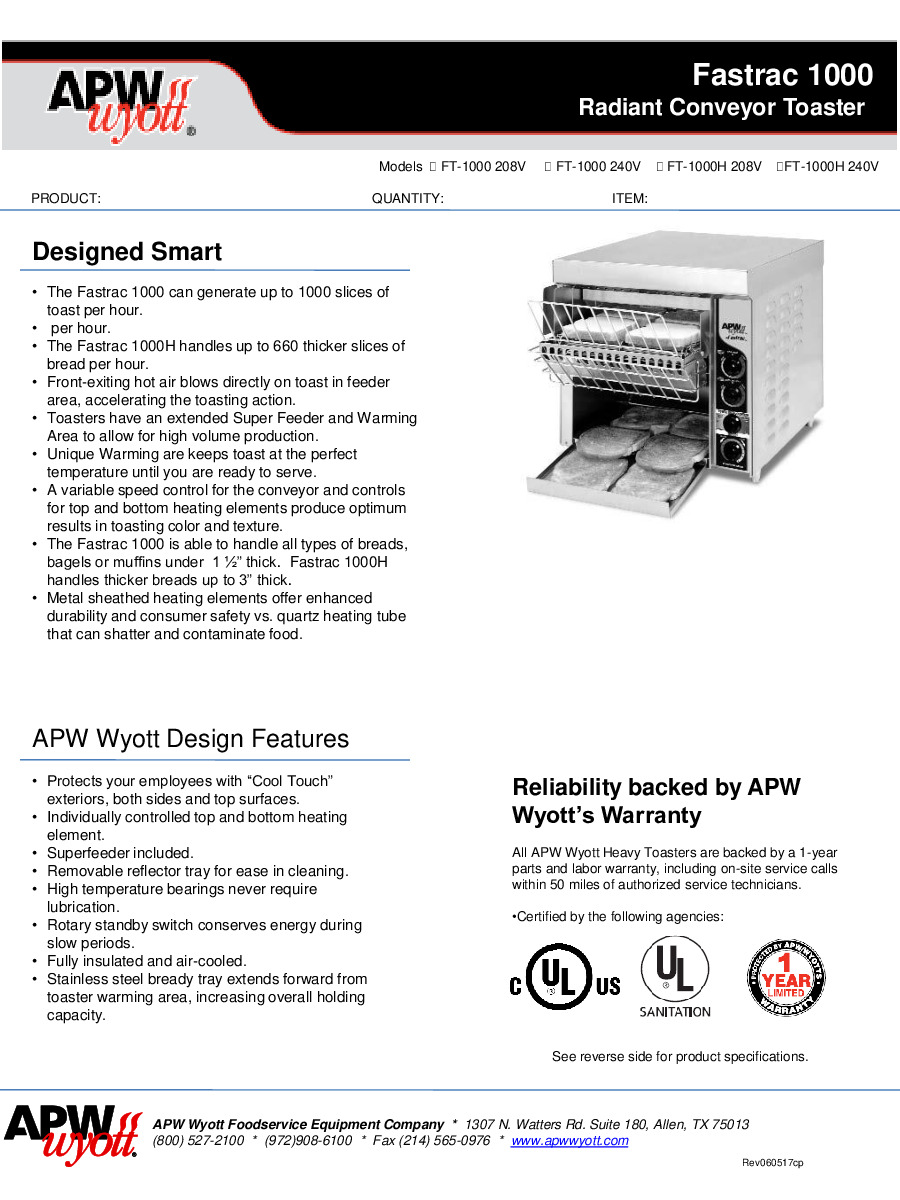 APW Wyott FT-1000 Conveyor Type Toaster