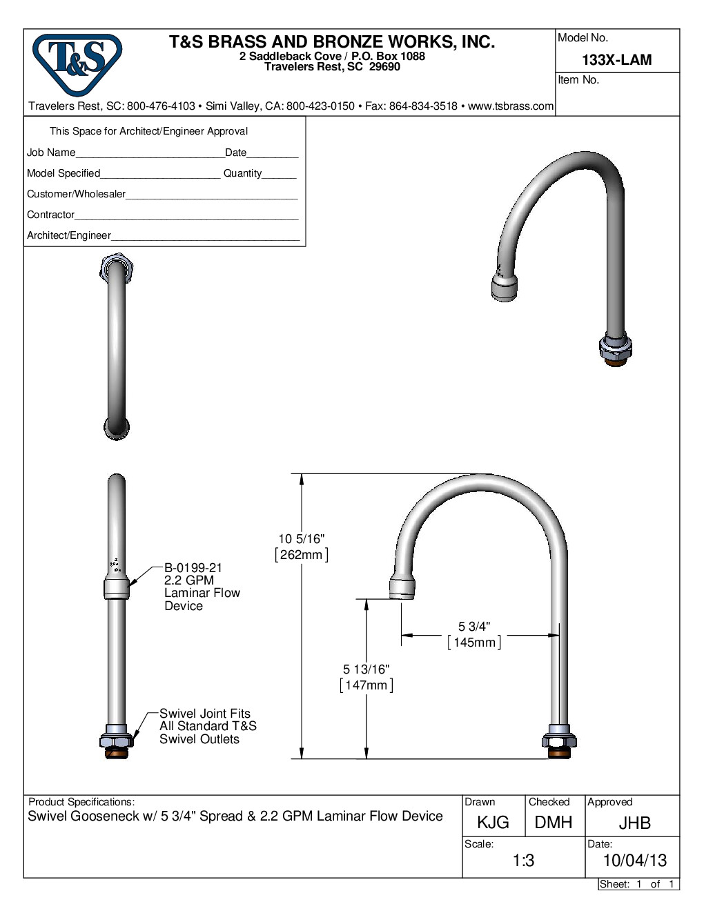 T&S Brass 133X-LAM Spout / Nozzle Faucet