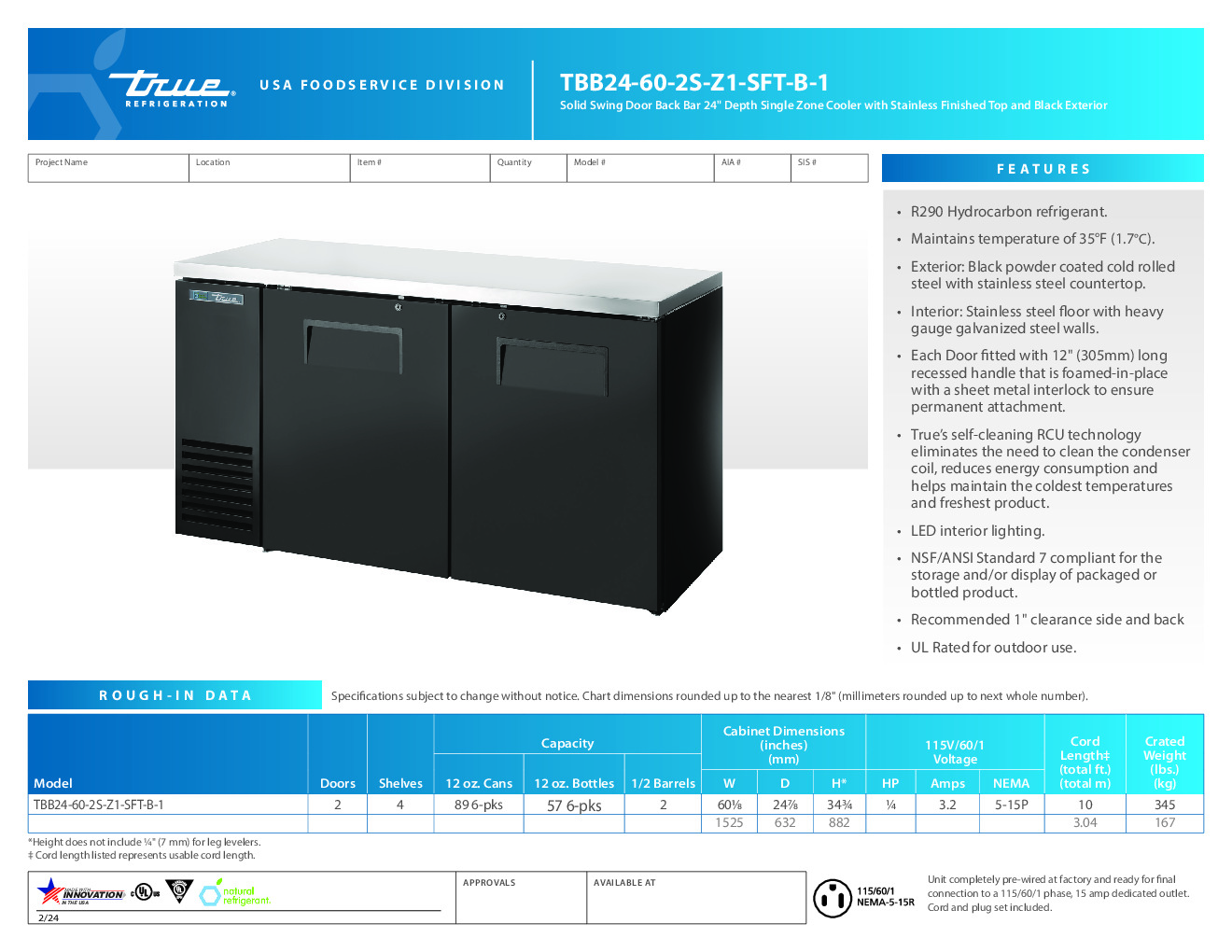 True TBB24-60-2S-Z1-SFT-B-1 Refrigerated Back Bar Cabinet