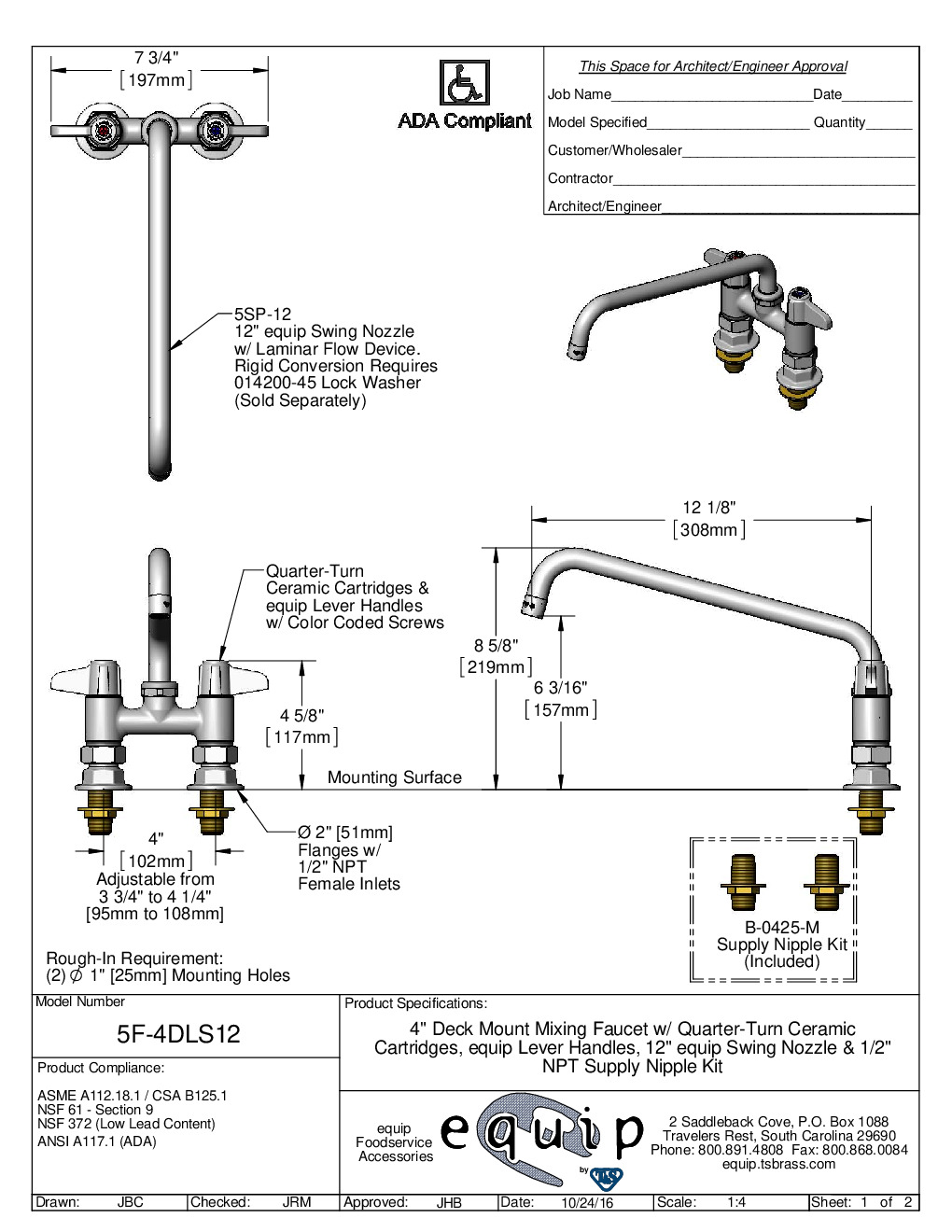 T&S Brass 5F-4DLS12 Deck Mount Faucet