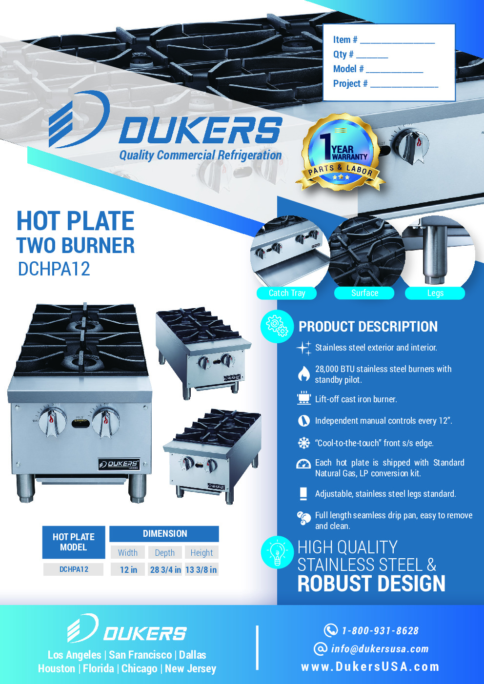 Dukers Appliance Co DCHPA12 Gas Countertop Hotplate