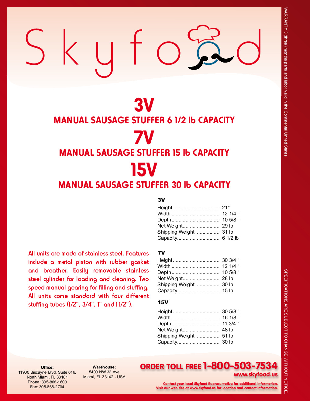 Skyfood 7V Manual Sausage Stuffer