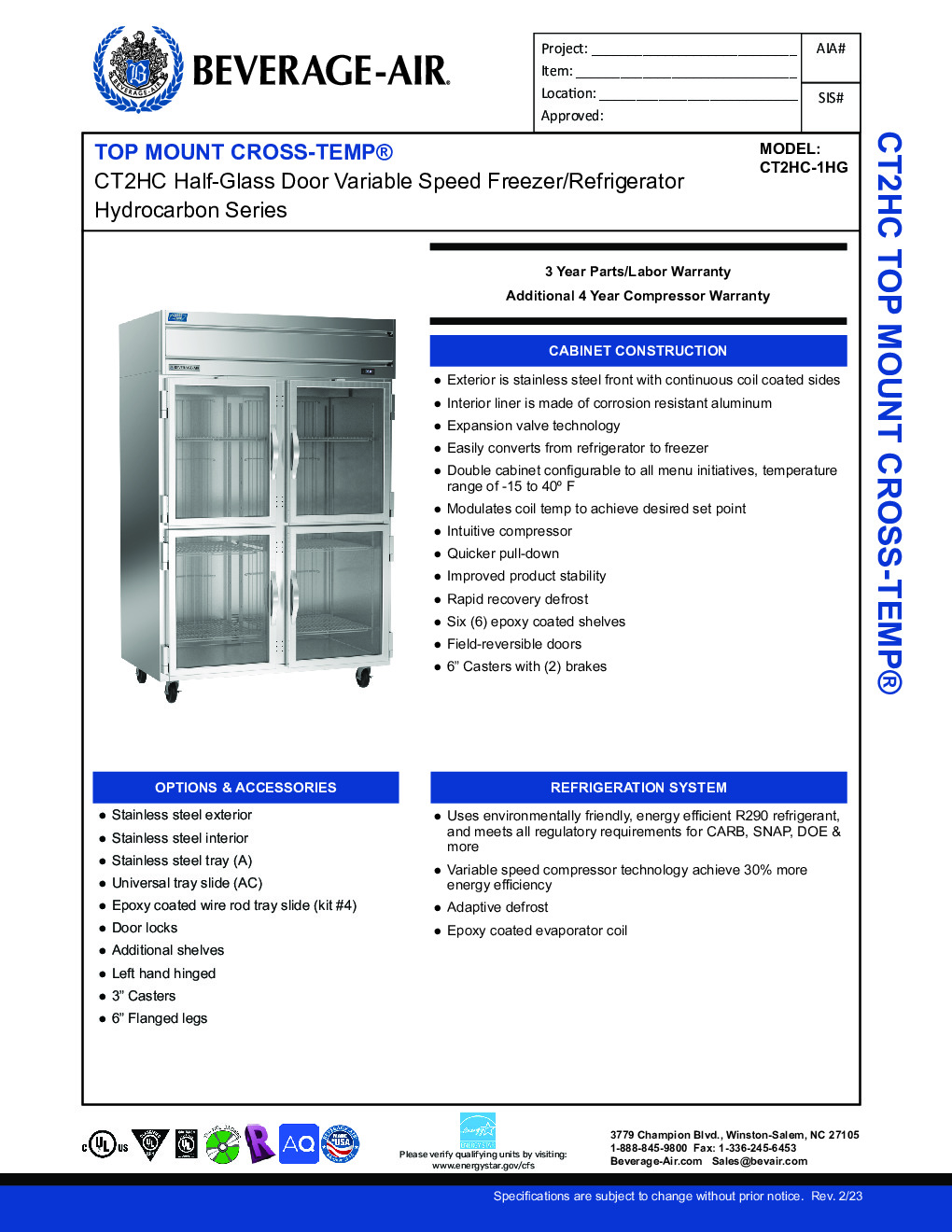 Beverage Air CT2HC-1HG Convertible Refrigerator Freezer w/ 45.2 Cu.Ft., 4 Glass Half Doors