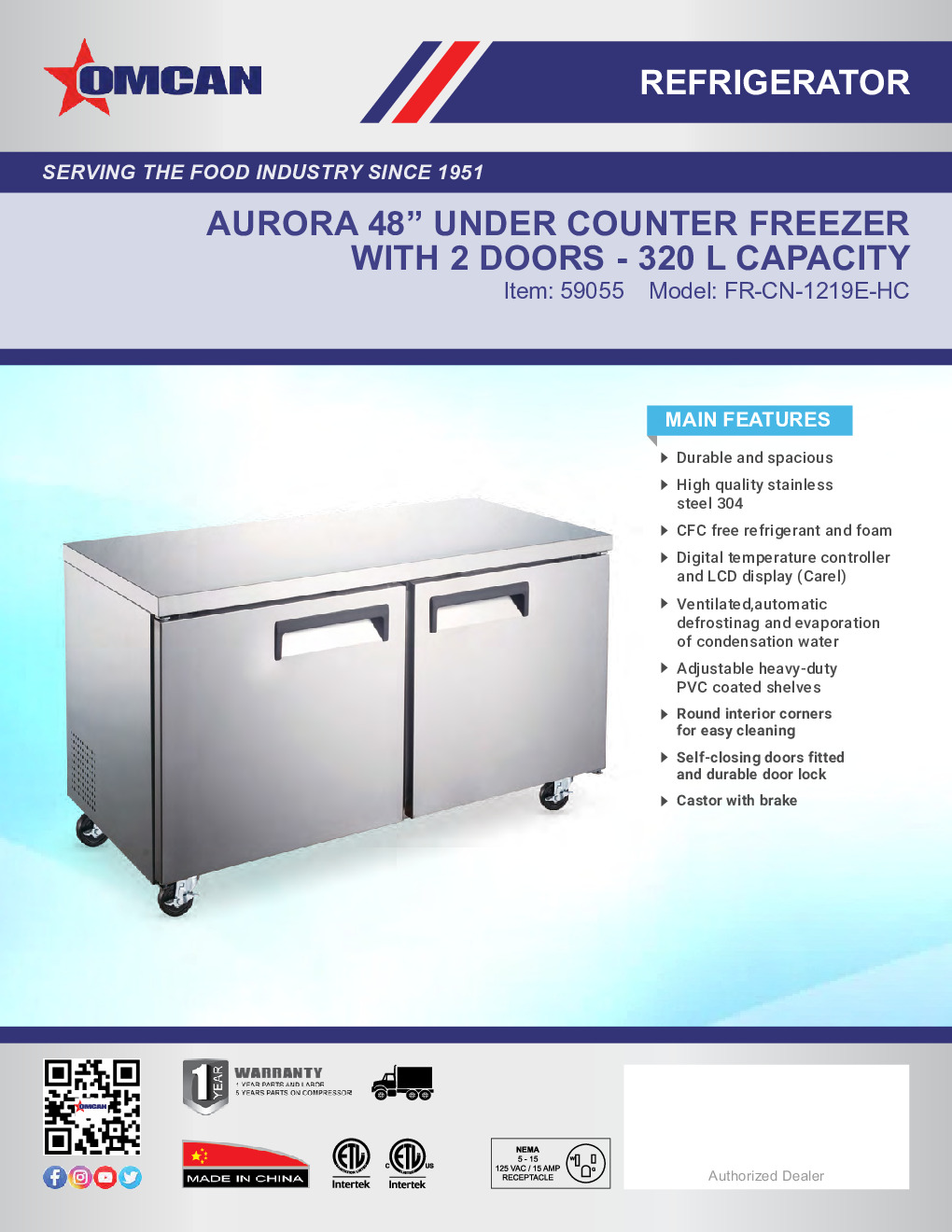 Omcan USA 59055 Reach-In Undercounter Freezer