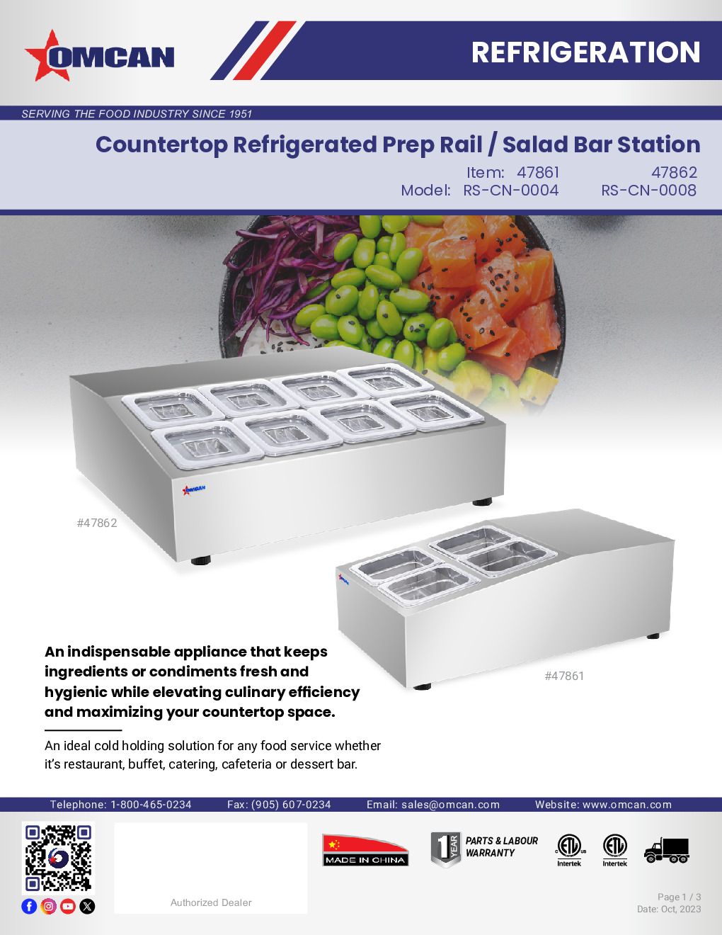 Omcan USA 47862 Refrigerated Countertop Pan Rail