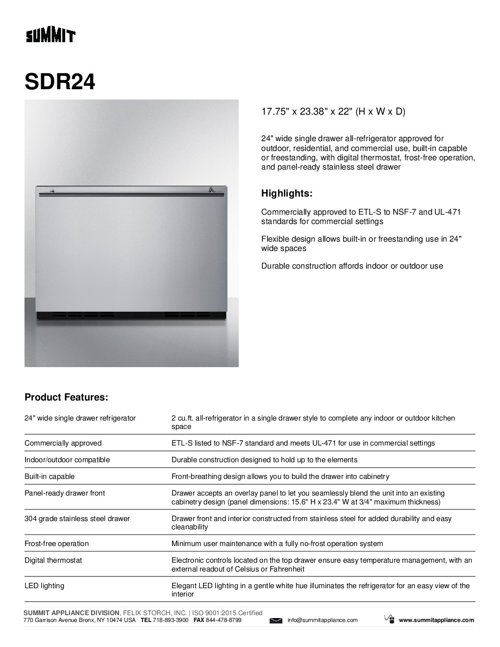 Summit SDR24 Reach-In Undercounter Refrigerator