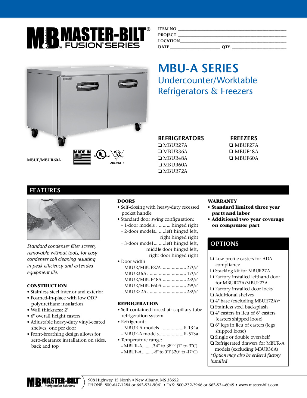 Master-Bilt MBUR36 Reach-In Undercounter Refrigerator