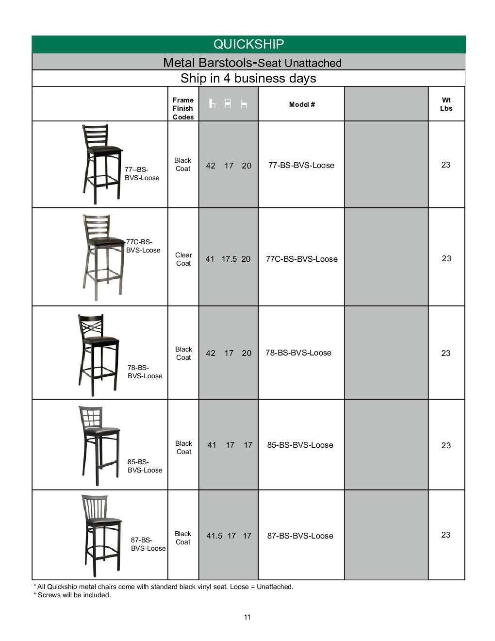 ATS Furniture 85-BS-BVS-LOOSE Bar Stool with Nine Grid Back and Unattached Upholstered Seat, Black