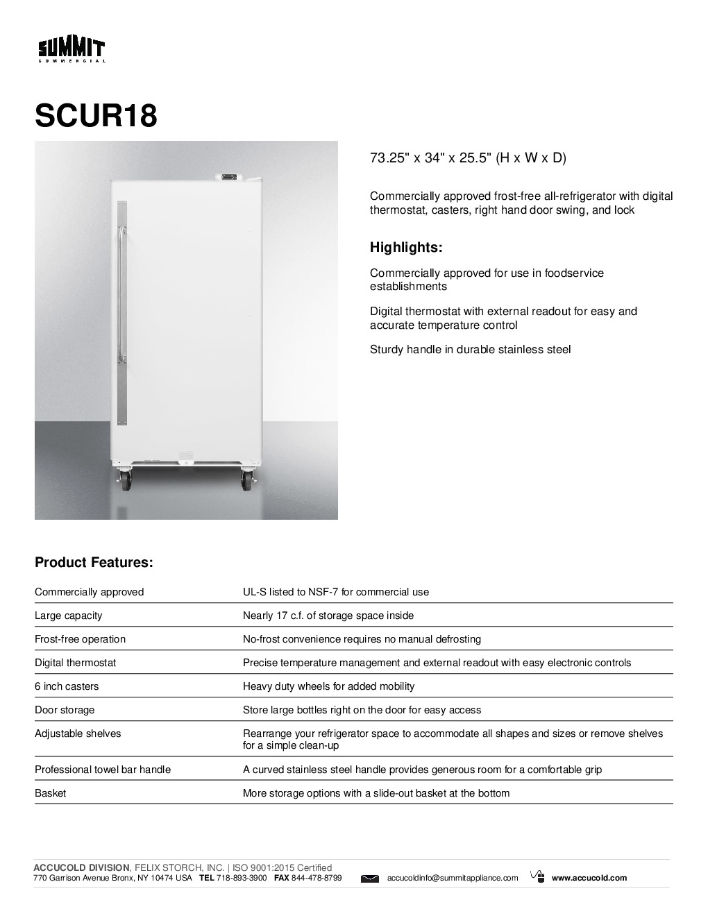 Summit SCUR18 Reach-In Refrigerator