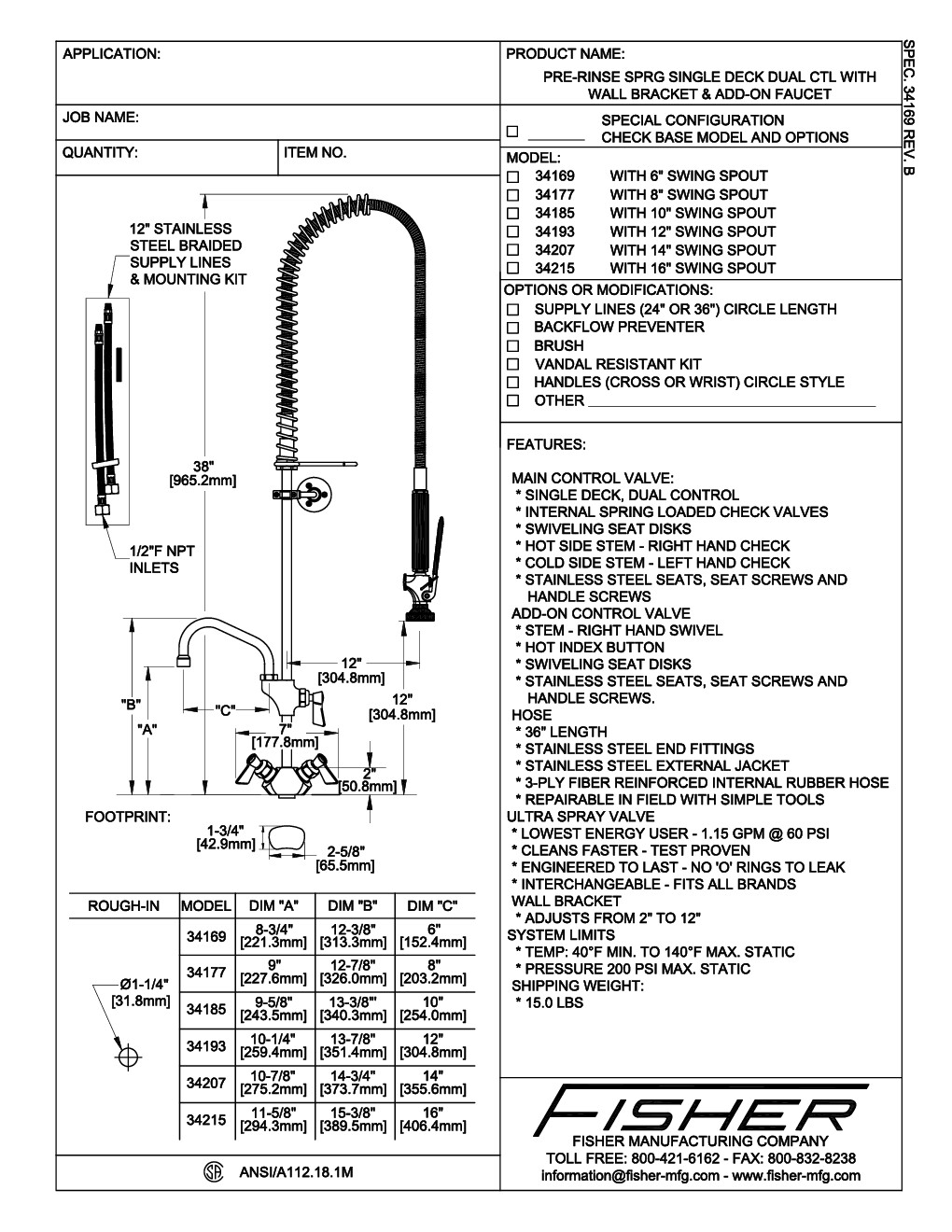 Fisher 34169 with Add On Faucet Pre-Rinse Faucet Assembly