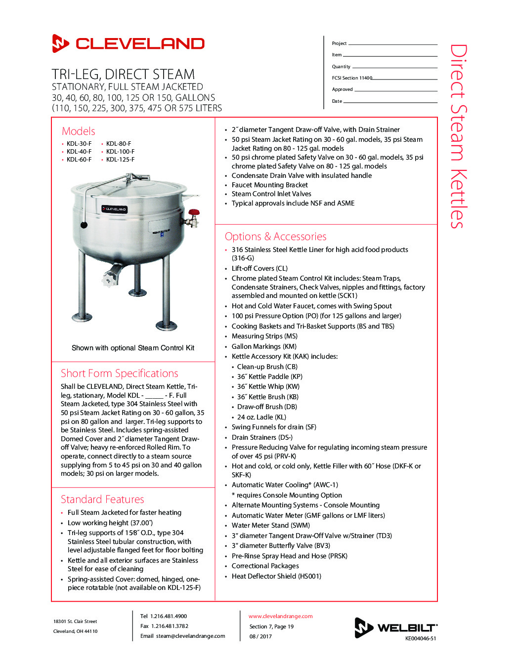 Cleveland KDL100F Stationary Direct Steam Kettle