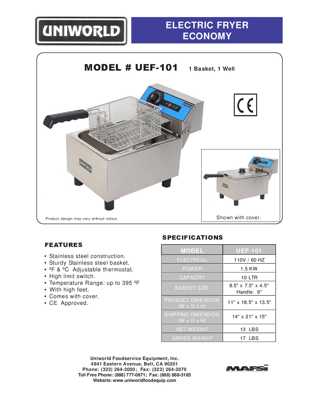 Uniworld UEF-101 Full Pot Countertop Electric Fryer