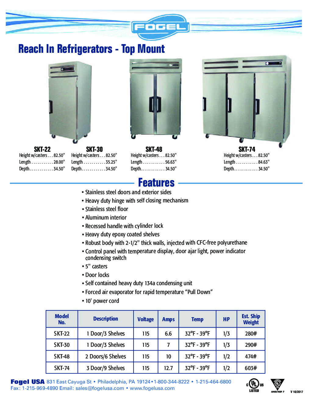 Fogel USA SKT-30 Reach-In Refrigerator