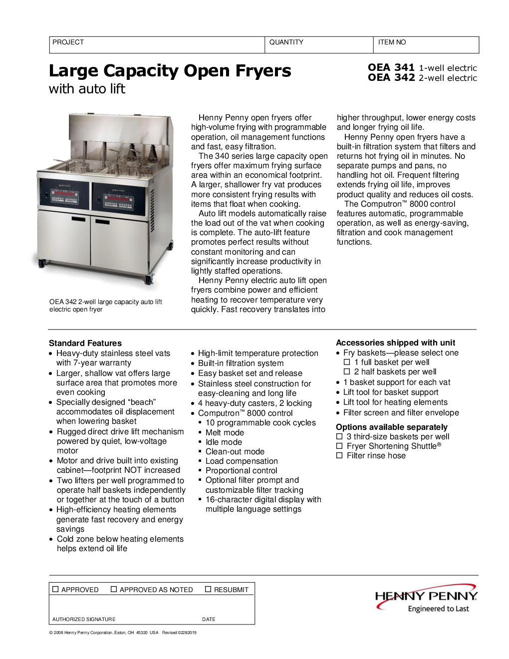 Henny Penny OEA341.01 Multiple Battery Electric Fryer w/ 1 Well, 80-lb Capacity, Built-In Filter