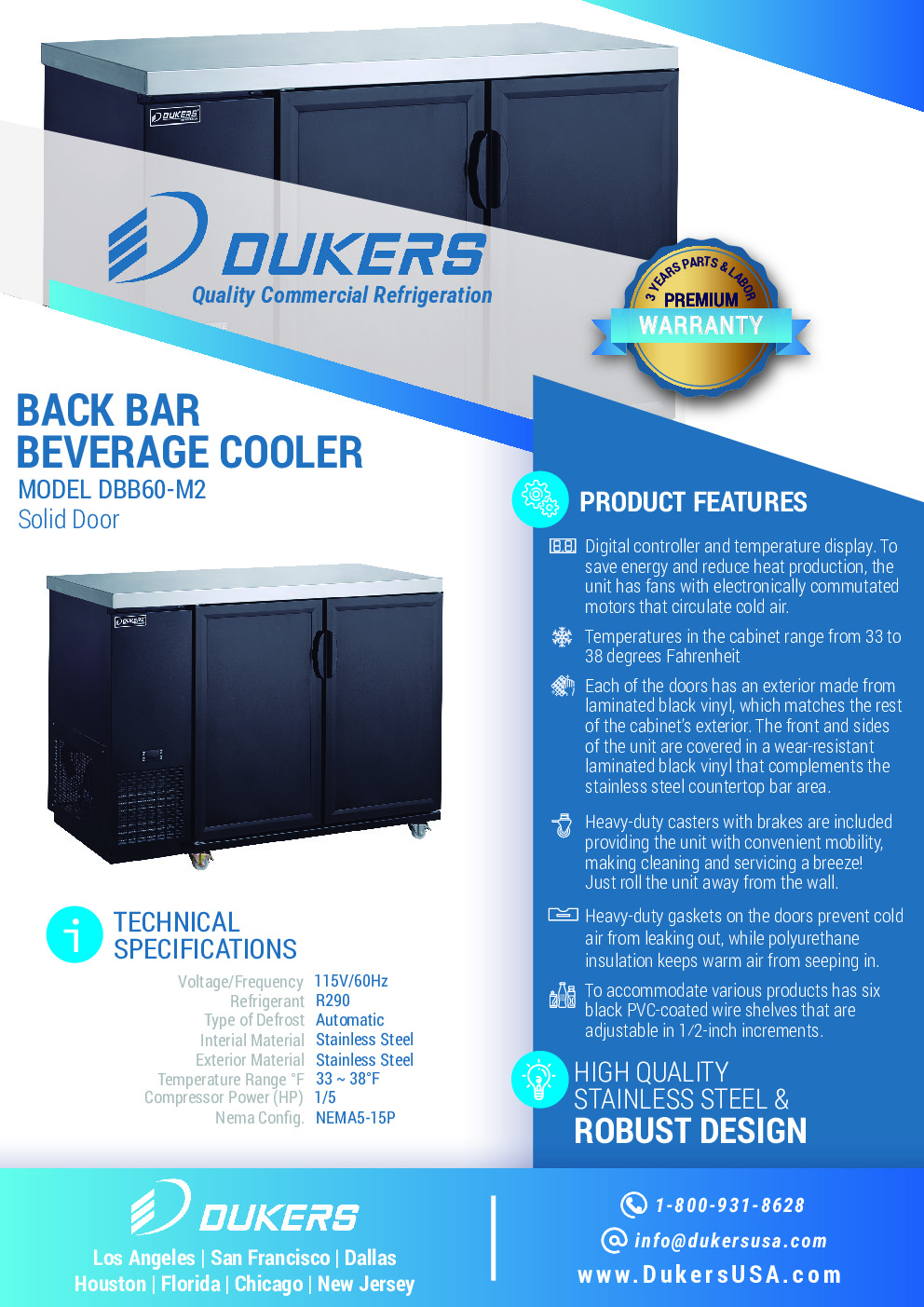Dukers Appliance Co DBB60-M2 Refrigerated Back Bar Cabinet w/ 2 Solid Doors, 15.24 Cu Ft