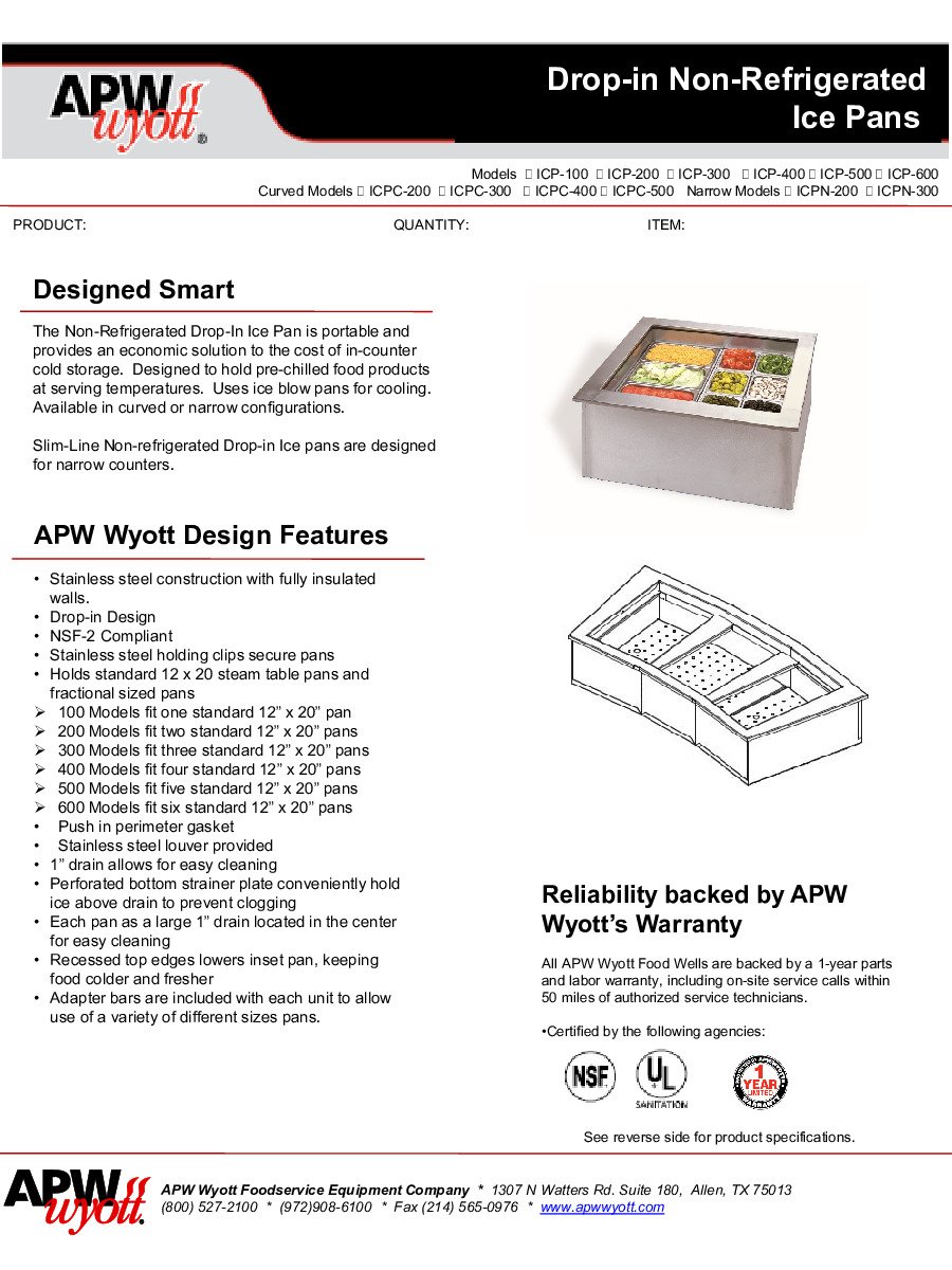 APW Wyott ICP-600 Ice-Cooled Drop-In Cold Food Well Unit