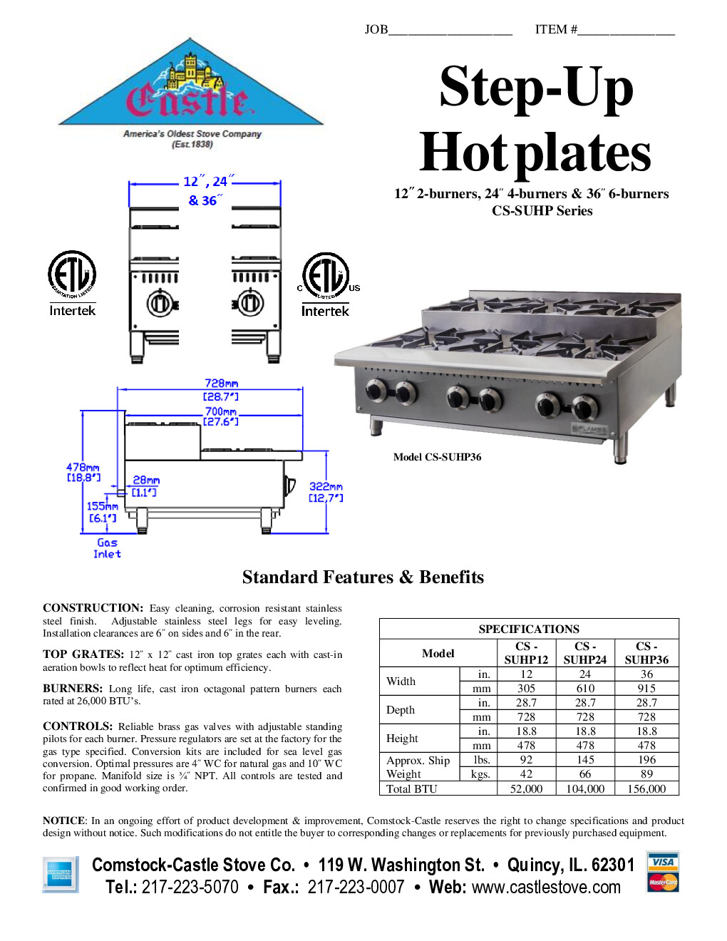 Comstock-Castle CSSUHP36 Countertop Gas Griddle / Hotplate