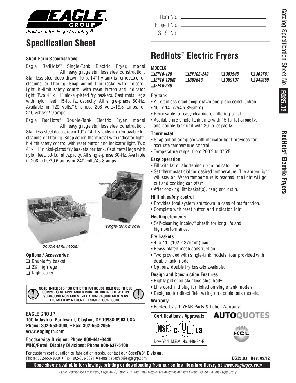 Eagle Group EF10-240 Full Pot Countertop Electric Fryer w/ 15-lb Capacity, 2 Baskets, 208-204v/1ph